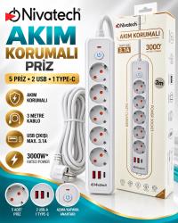 NIVATECH NTC-5220 5Lİ 2 USB 1 TYPE C  3 MT  BEYAZ AKIM KORUMALI PRİZ 3mt